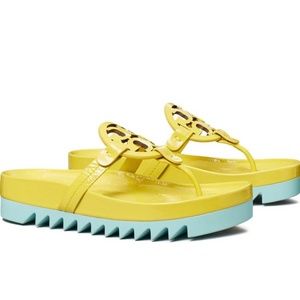 Tory Burch Yellow and Aqua Miller Cloud Lug Wedge, Flip Flops size 8.5